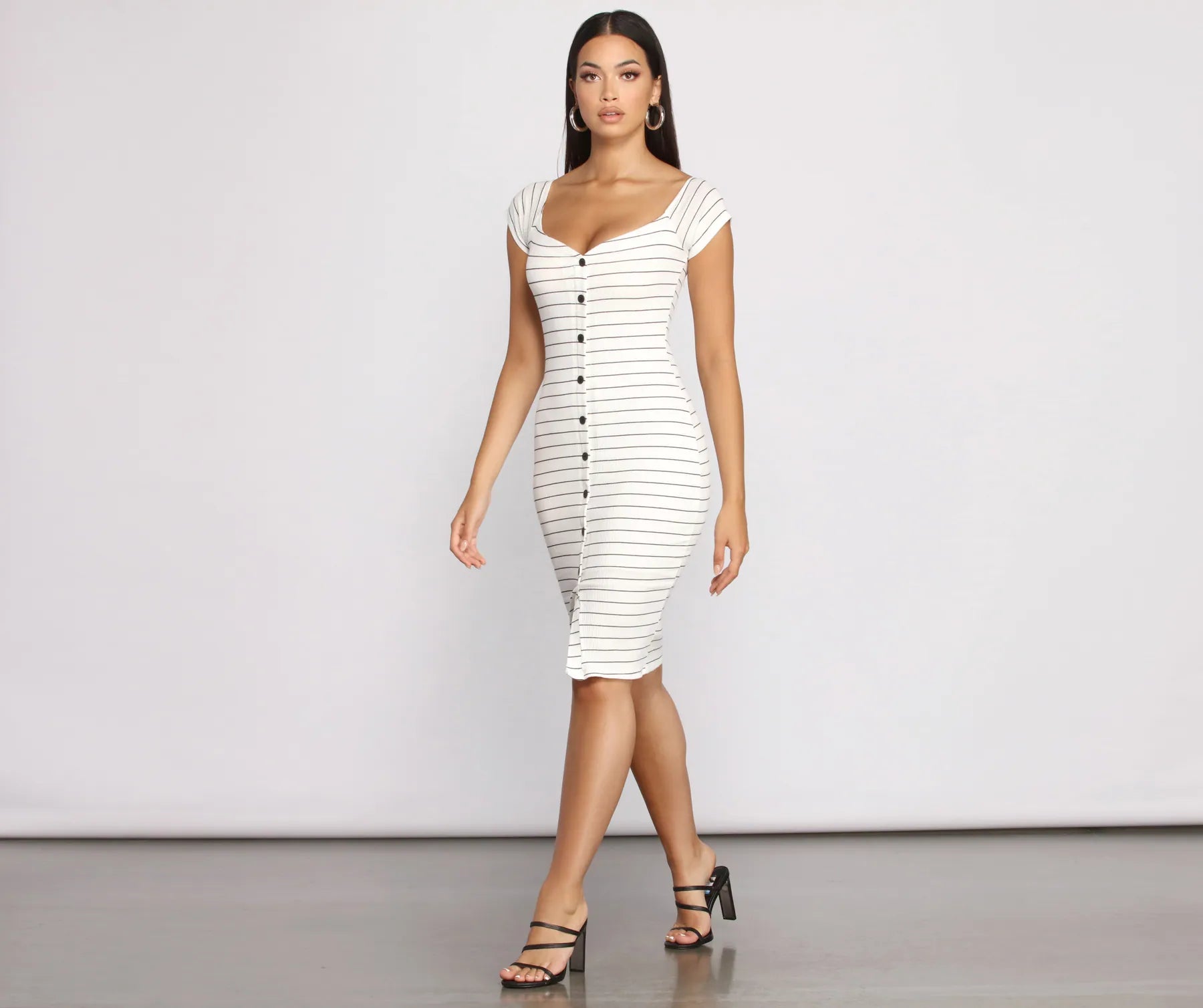 Stripe It Down Ribbed Button Down Midi Dress