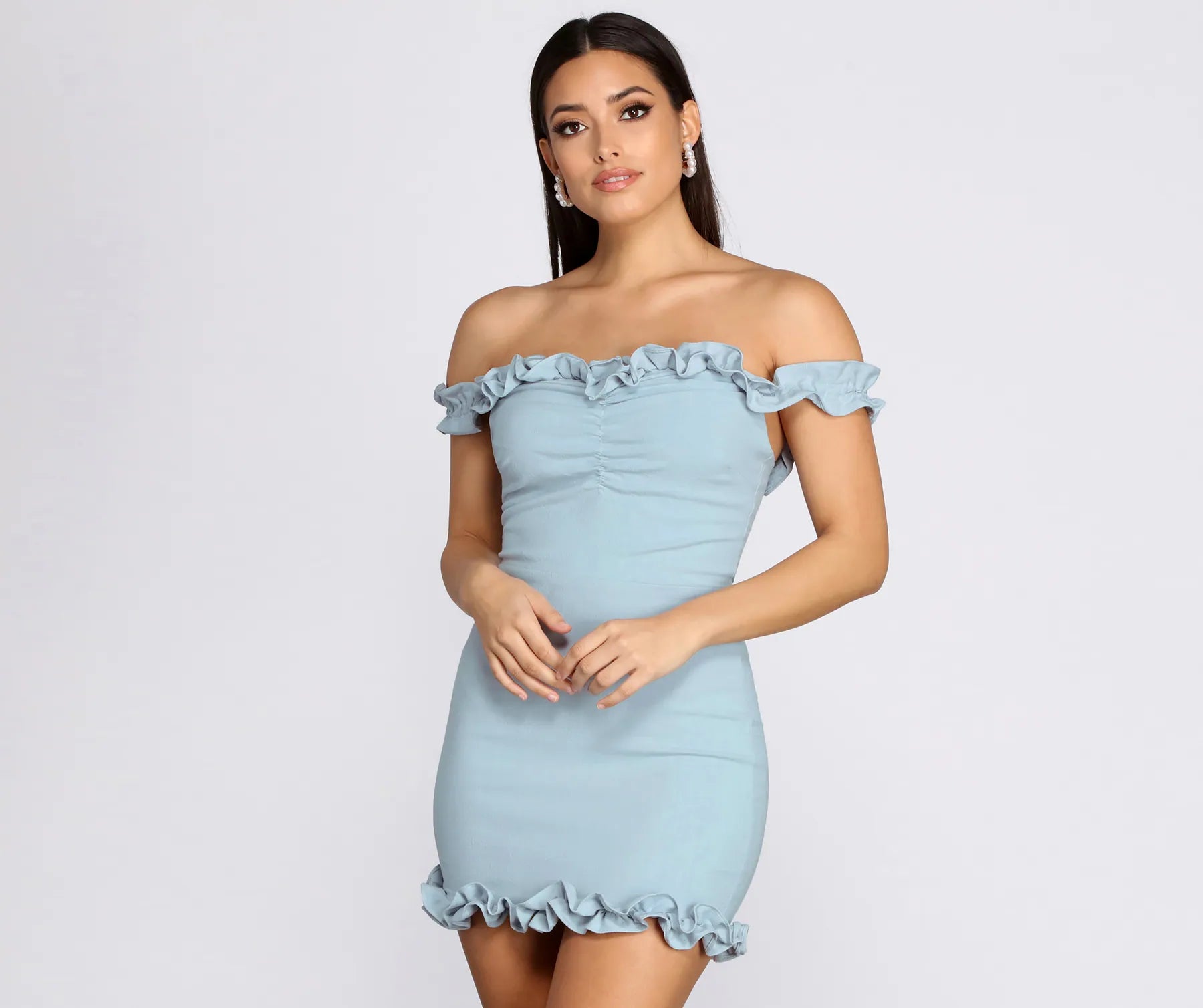 Crepe Ruffle Off Shoulder Mini Dress