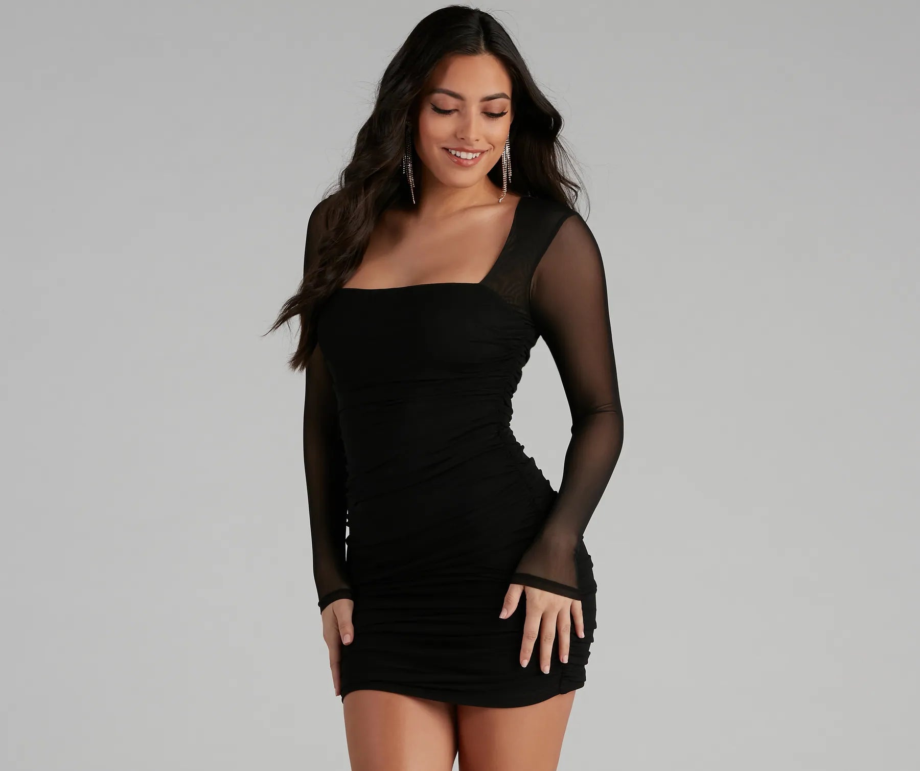 Mesmerize In Mesh Ruched Mini Dress