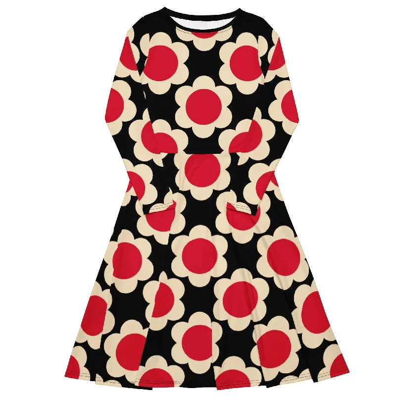 ELLIE red black - Midi dress with long sleeves and pockets