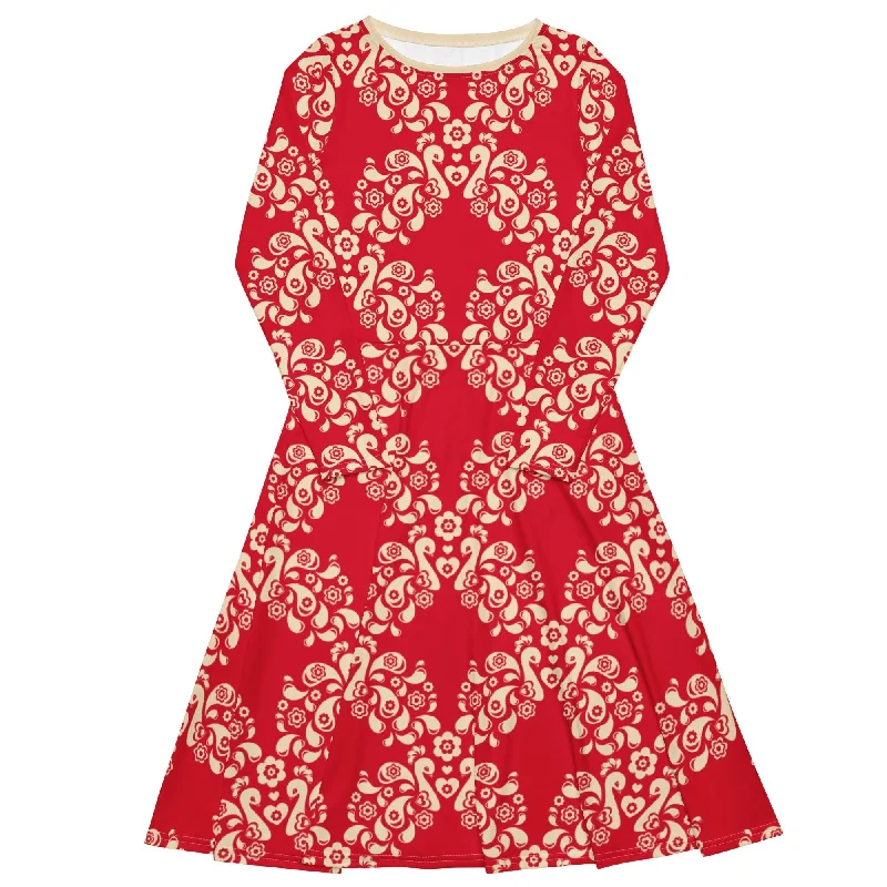 PEACOCK LOVE red - Midi dress with long sleeves and pockets