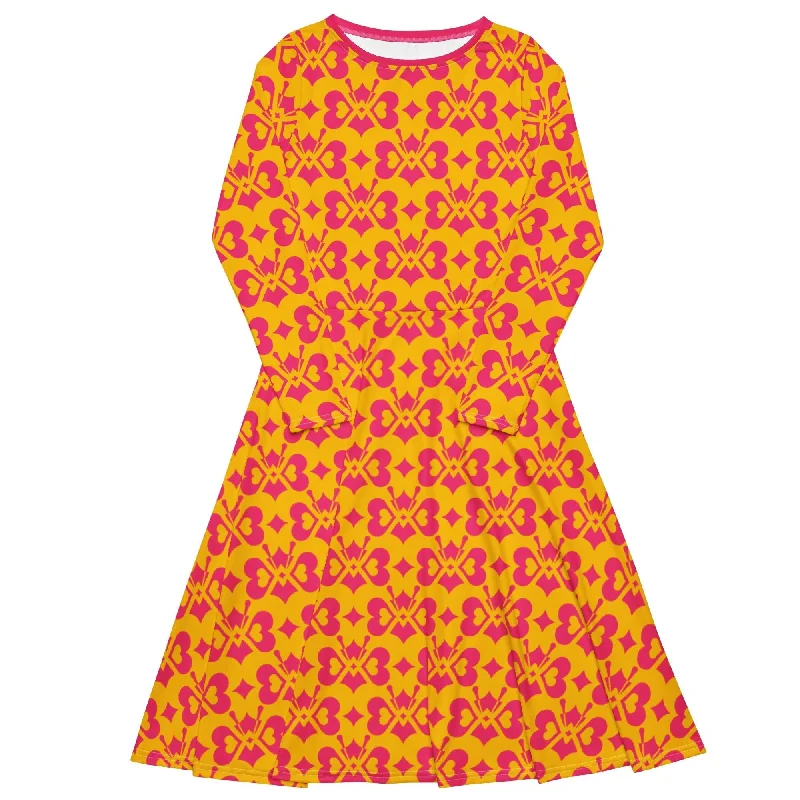 LOVE BUTTERFLY yellow pink - Midi dress with long sleeves and pockets