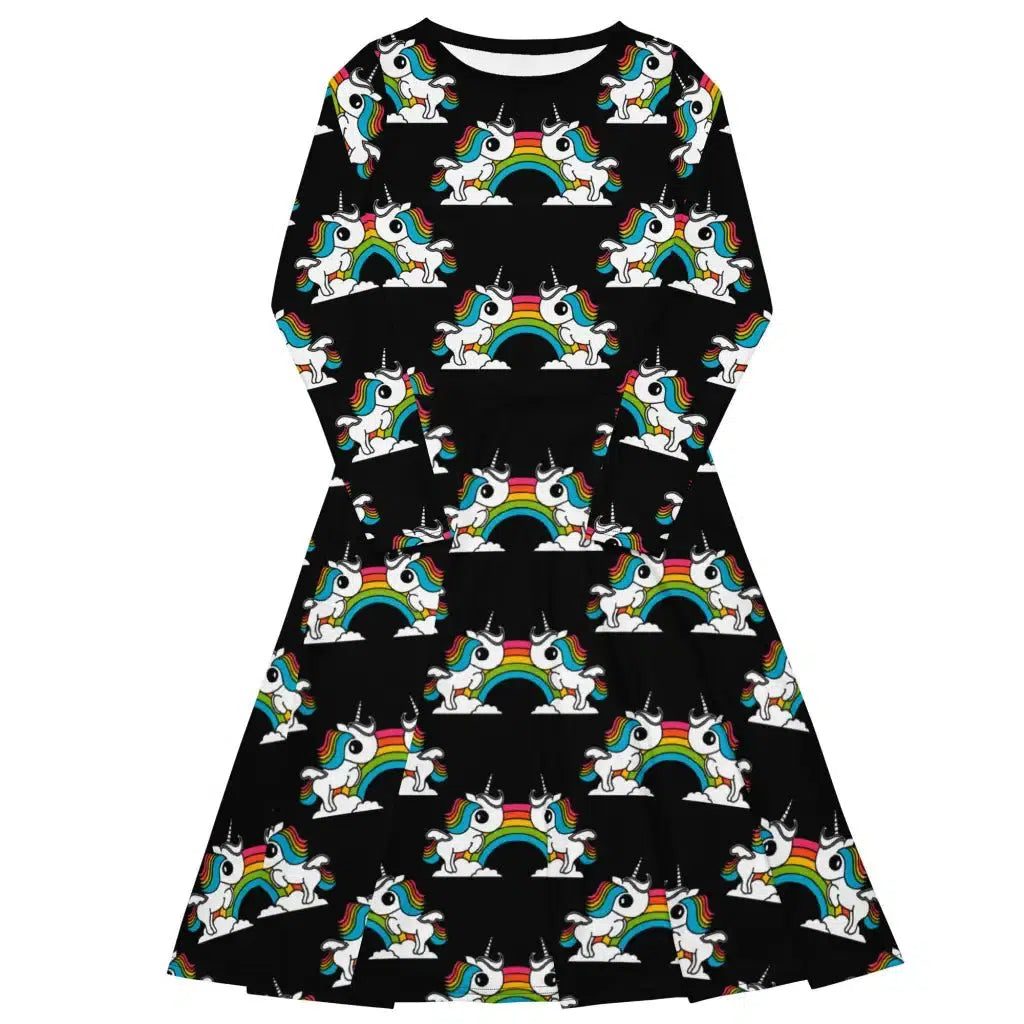 UNIQUE black - Midi dress with long sleeves and pockets with unicorns and rainbows