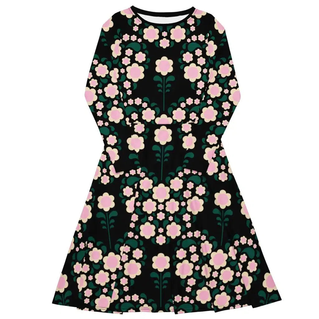 HEARTBEAT pink black - Midi dress with long sleeves and pockets