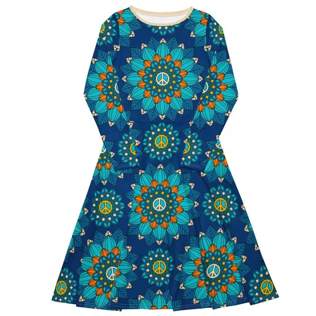 BLOOM WITH PEACE orange blue - Midi dress with long sleeves and pockets