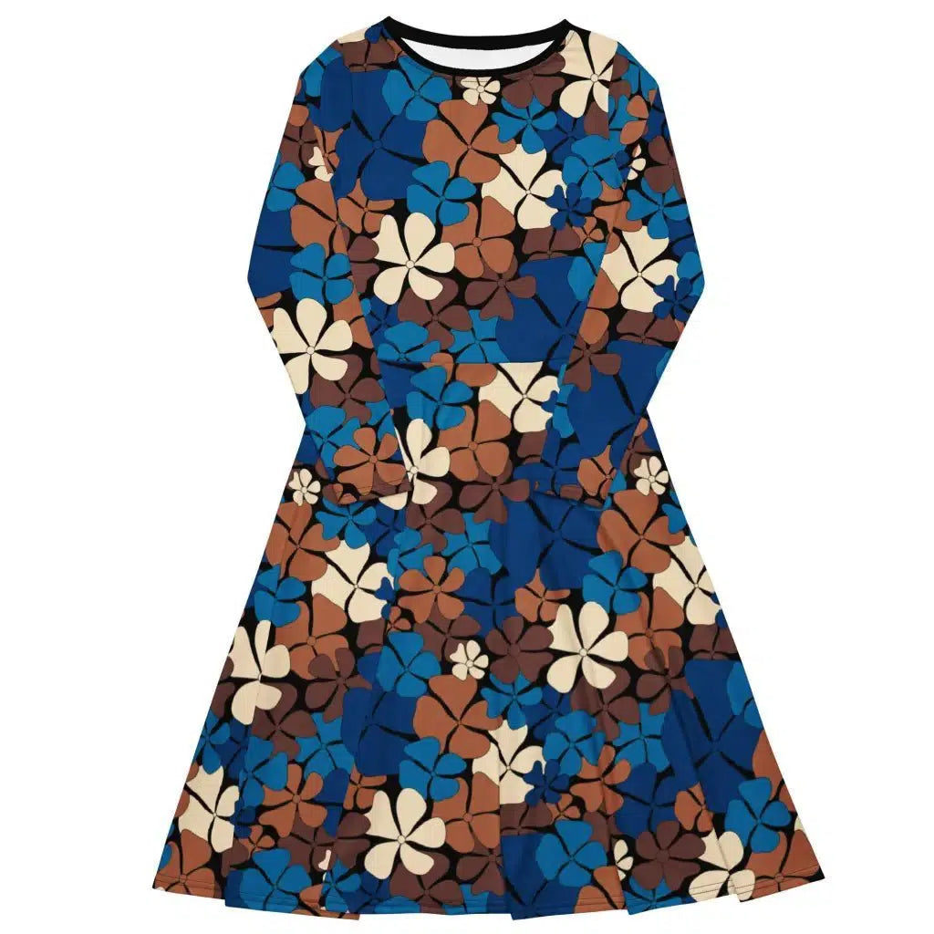 ADELIE blue brown - Midi dress with long sleeves and pockets