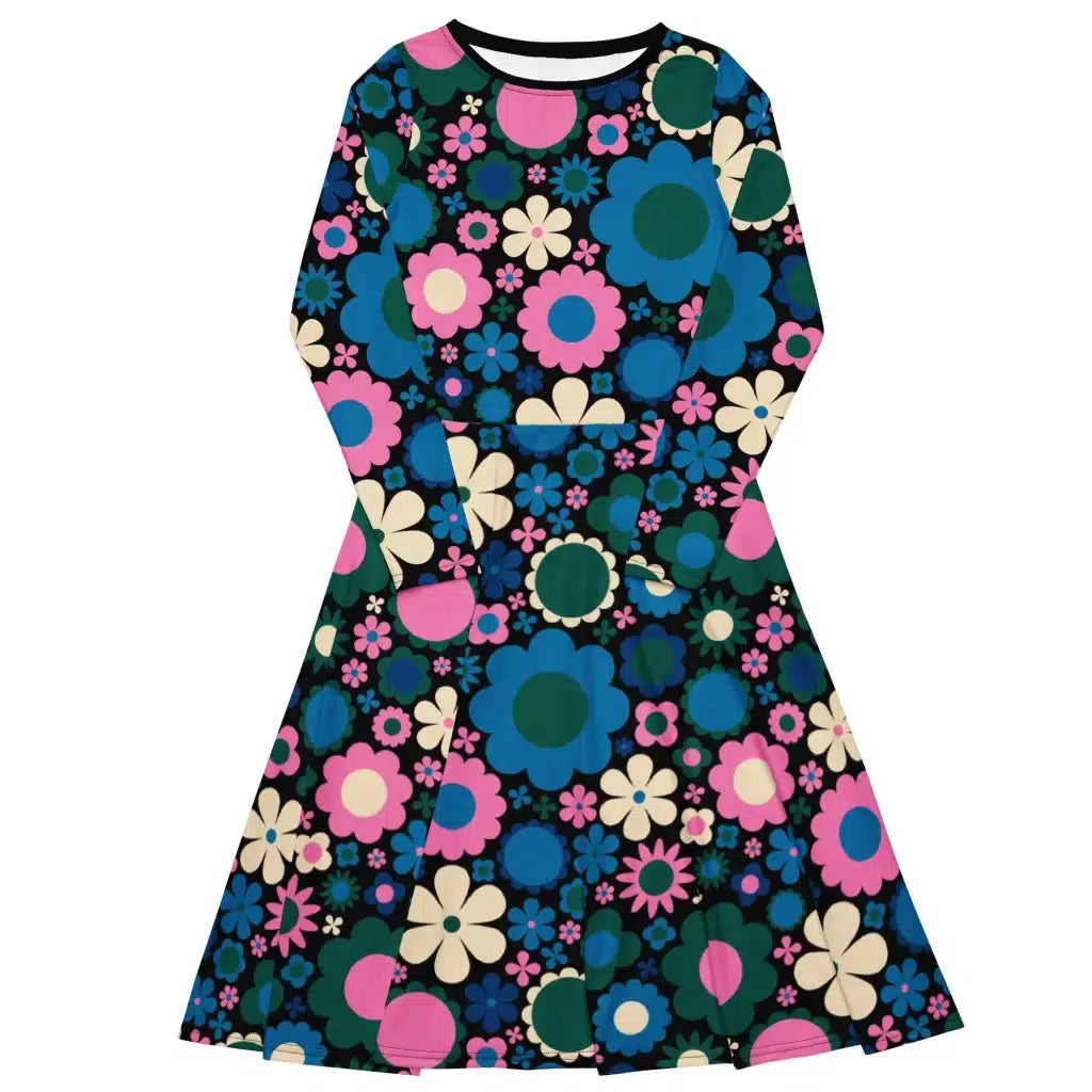 BLOOMPOP blue pink 2 - Midi dress with long sleeves and pockets