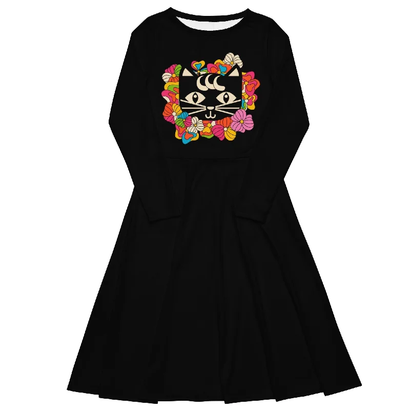 MAGICAT black - just cat - Midi dress with long sleeves and pockets