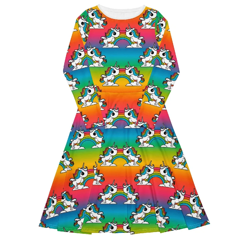 UNIQUE rainbow - Midi dress with long sleeves and pockets with unicorns and rainbows