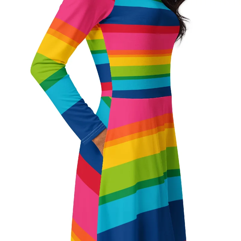 ELLIE rainbow stripe - Midi dress with long sleeves and pockets