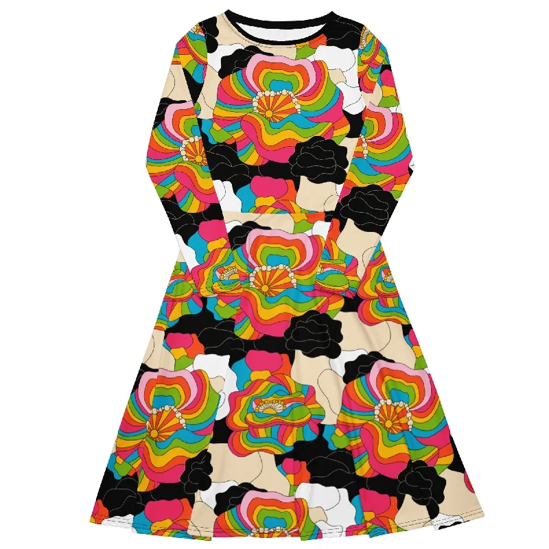 RAINBOW POPPY - Midi dress with long sleeves and pockets