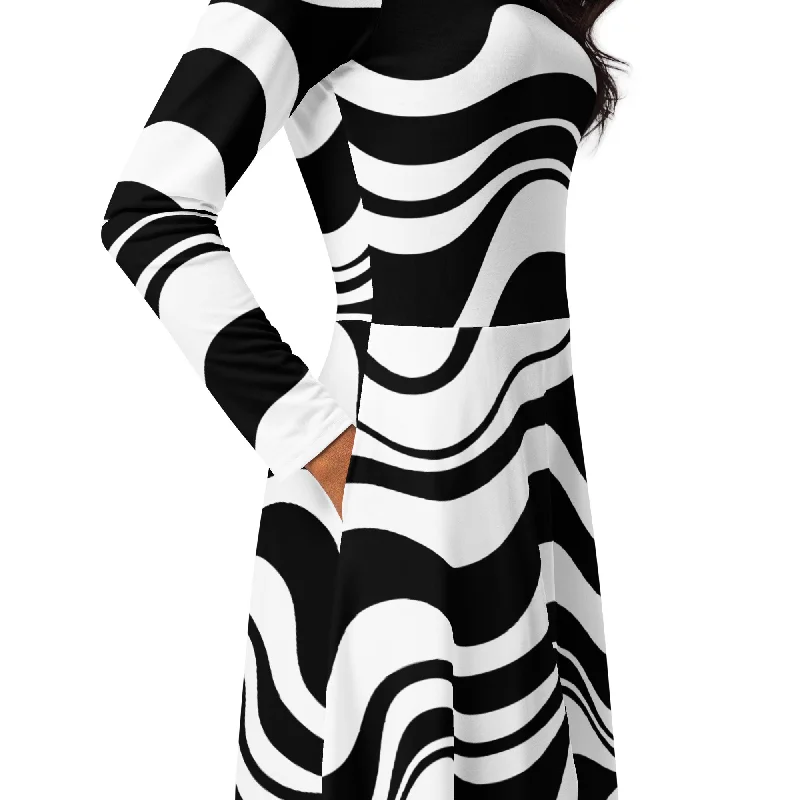 ENERGY WAVES black - Midi dress with long sleeves and pockets