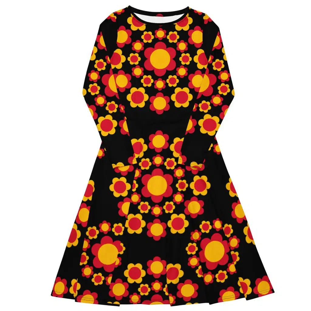 FLOWERSHOP red yellow - Midi dress with long sleeves and pockets