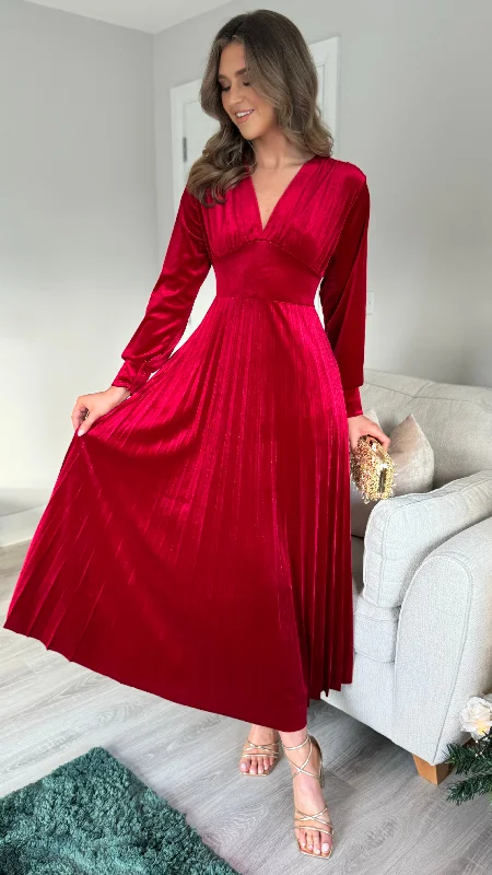 Casen Red Velvet Pleated Midi Dress