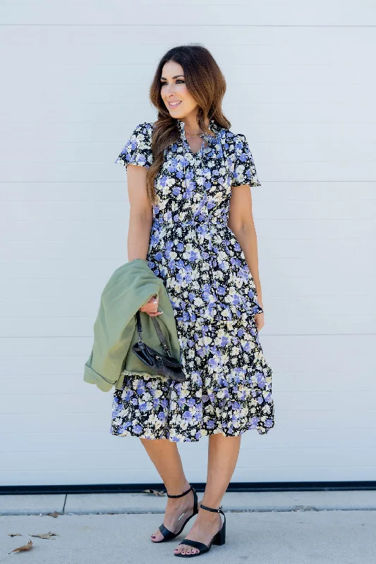 Speckled Floral Cap Sleeve Midi Dress