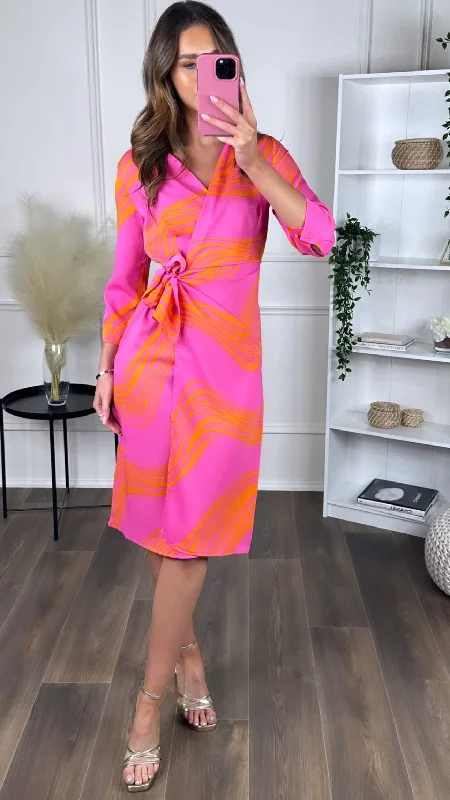 Tilly Orange & Pink Midi Wrap Dress