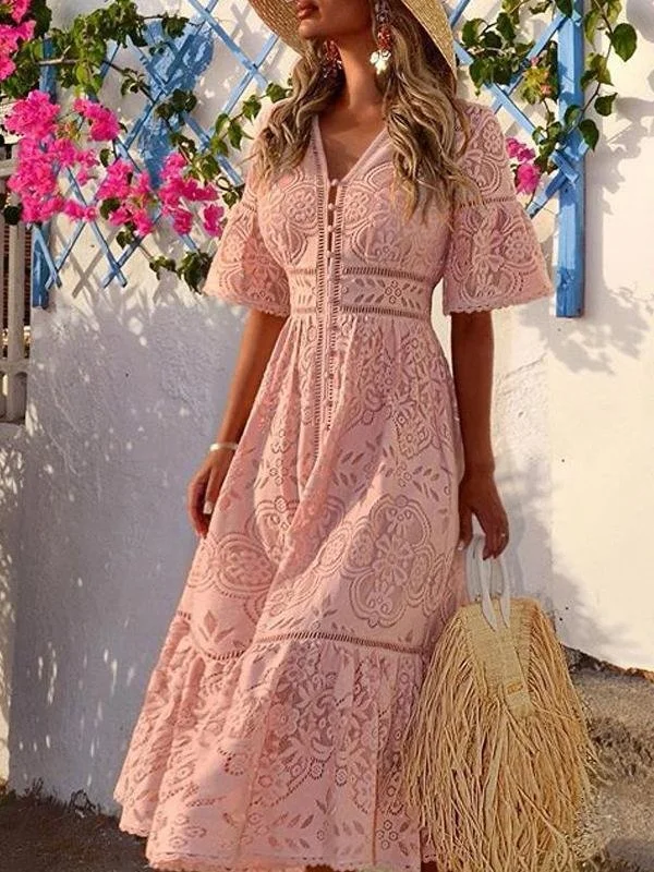 V-neck Short Sleeve Hollow Lace Dress