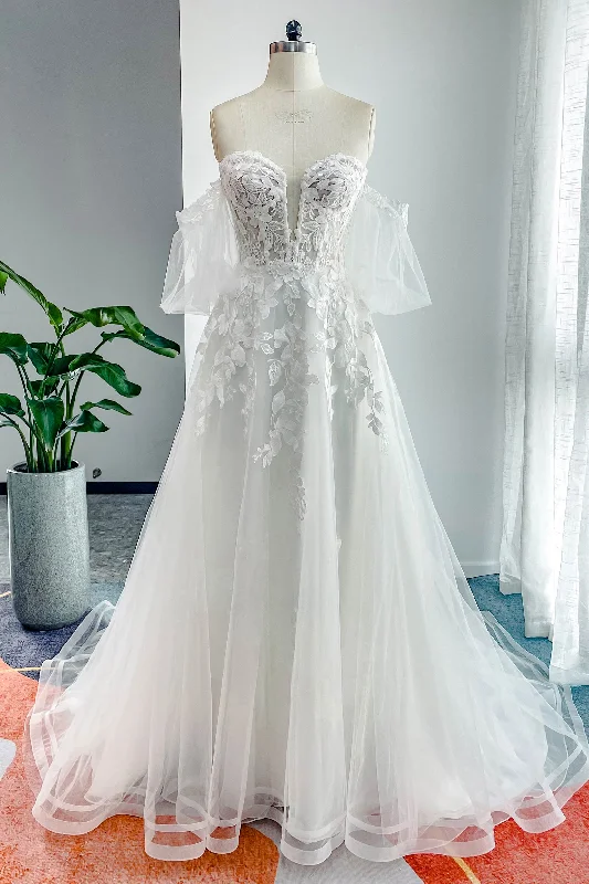 A-Line Court Train Lace Tulle Wedding Dress CW3162