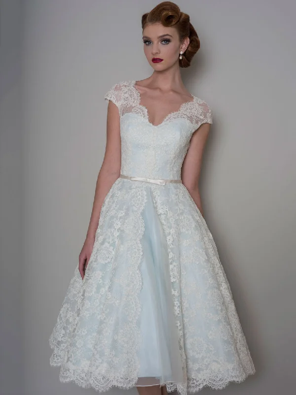 A-Line Knee-Length Appliqued V-Neck Cap Sleeve Lace Wedding Dress-MK_705318