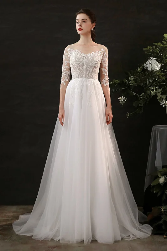 A-Line Sweep-Brush Train Lace Tulle Wedding Dress CW2703