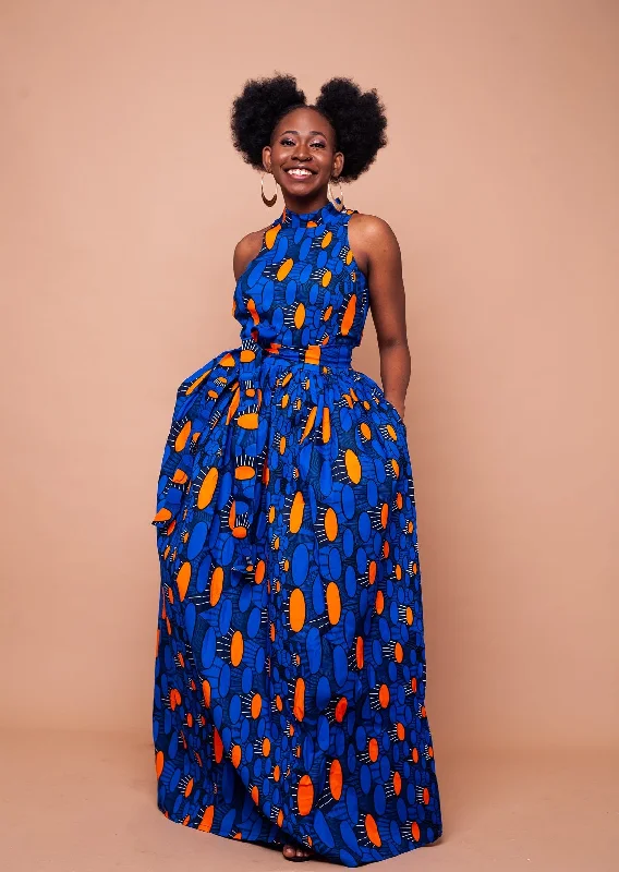 Aubrie Ankara Maxi Dress | Blue and Orange African Print