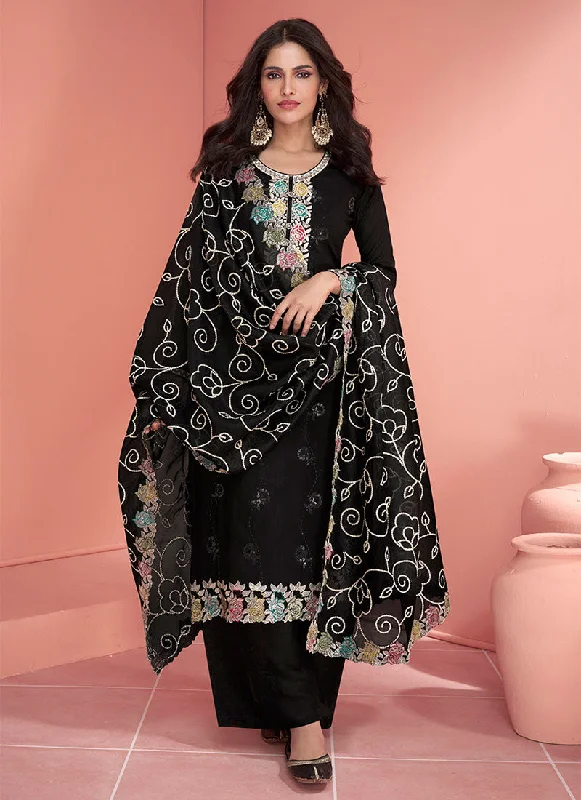 Black Embroidery Silk Palazzo Suit