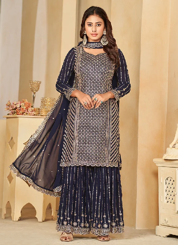 Blue Golden Sequence Embroidery Gharara Style Suit