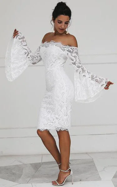 Casual Pencil Knee-length Lace Off-the-shoulder Long Sleeve Wedding Dress-716023