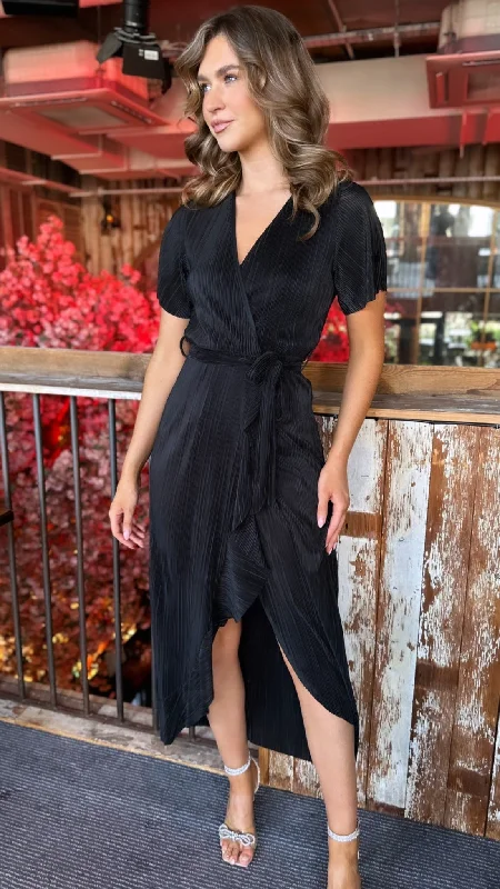 Celyn Black Plisse Split Hem Frill Detail Maxi Dress