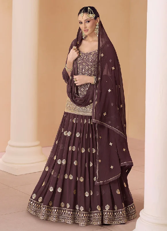 Deep Brown Multi Embroidered Wedding Lehenga Kurti And Dupatta