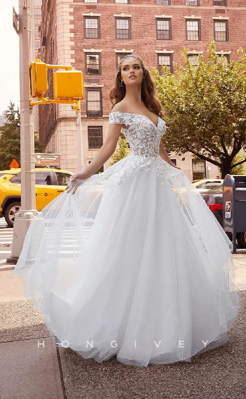 H0833 - Illusion Floral Lace Embroidered With Tulle Train Dream Wedding Dress