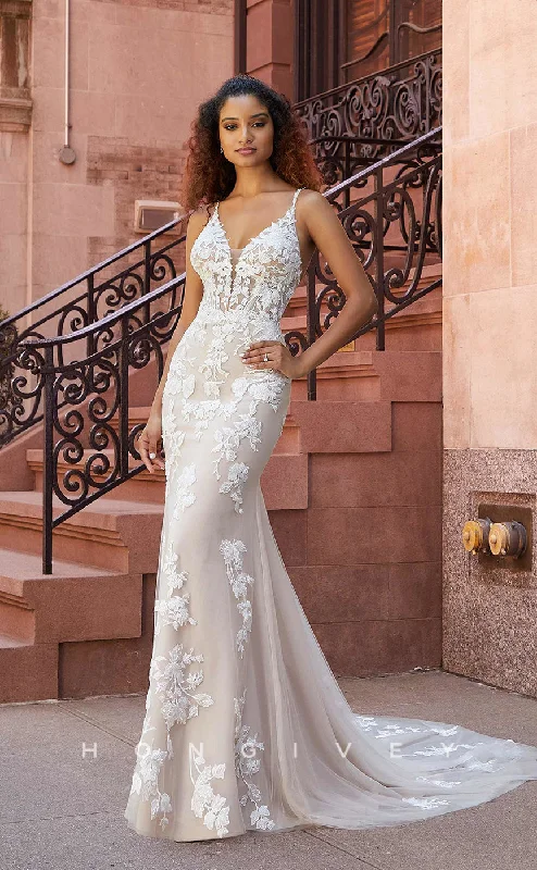 H0836 - Sheer Floral Embroidered Lace Plunging Illusion Mermaid With Overskirt And Tulle Train Pricess Wedding Dress