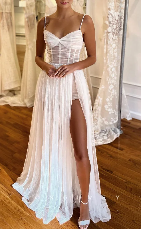 H0927 - Simple Illusion With Train And Slit Long Wedding Dress