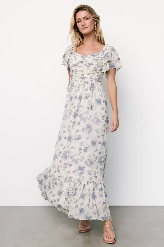 Juliana Pleated Top Dress | Ivory + Blue Floral