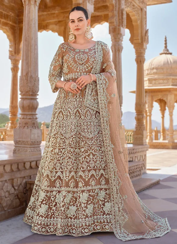 Light Brown Cording Thread Embroidery Designer Anarkali Suit