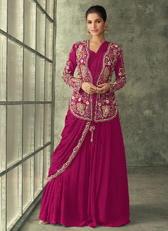 Magenta Multi Embroidery Saree Gown With Jacket