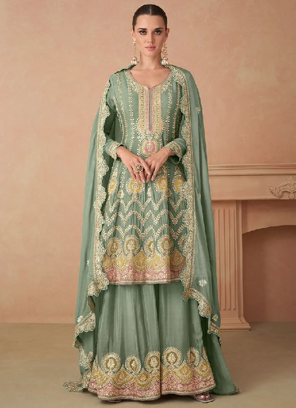 Mint Green Multi Embroidery Wedding Sharara Suit