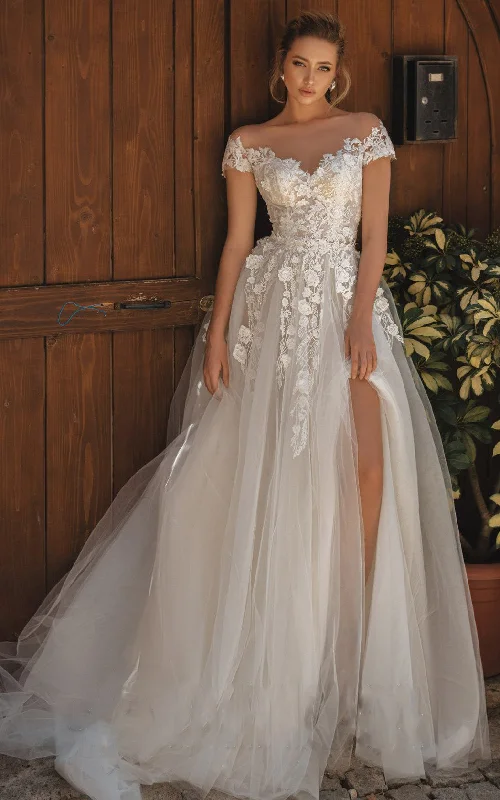 Modern Tulle Off-the-shoulder Short Sleeve Appliques Wedding Dress With Button-716169