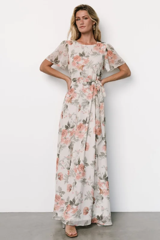 Naomi Short Sleeve Maxi Dress | Ivory + Coral Floral