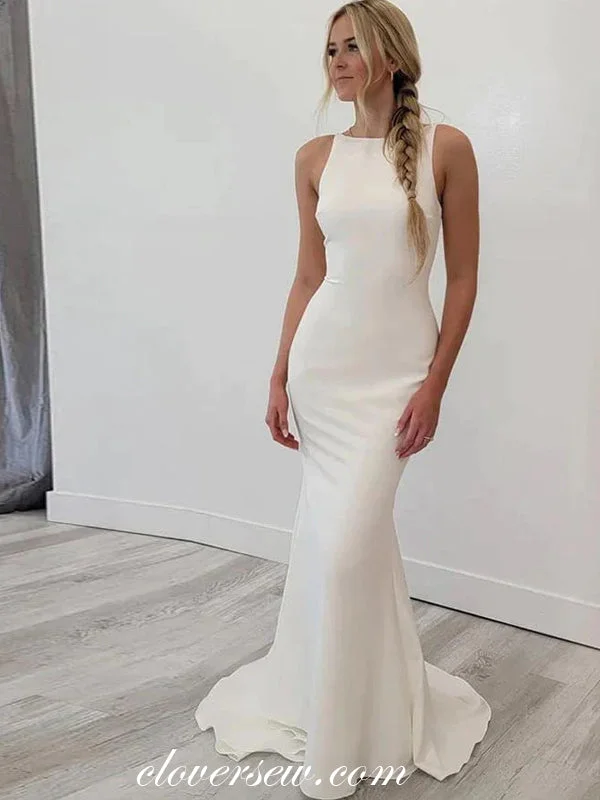 Off White Satin Sleeveless Backless Mermaid Charming Wedding Dresses, CW0374