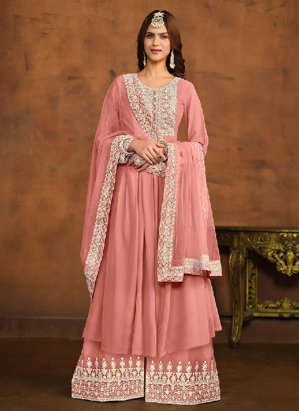 Peach Thread Embroidery Anarkali Palazzo Suit