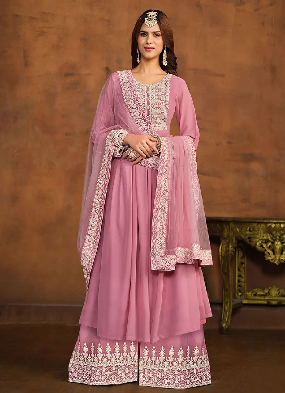 Pink Thread Embroidery Anarkali Palazzo Suit