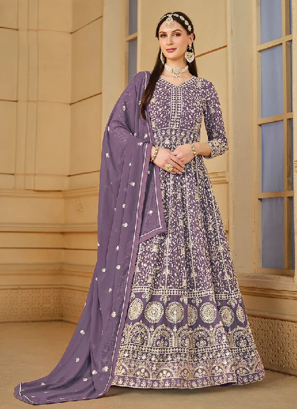 Purple Thread Embroidery Georgette Anarkali Suit