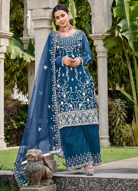 Royal Blue Thread Embroidery Festive Palazzo Suit