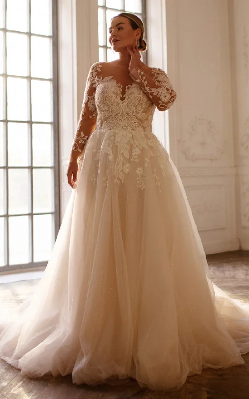 Sexy Ball Gown Bateau Lace Sweep Train Wedding Dress with Appliques-716095