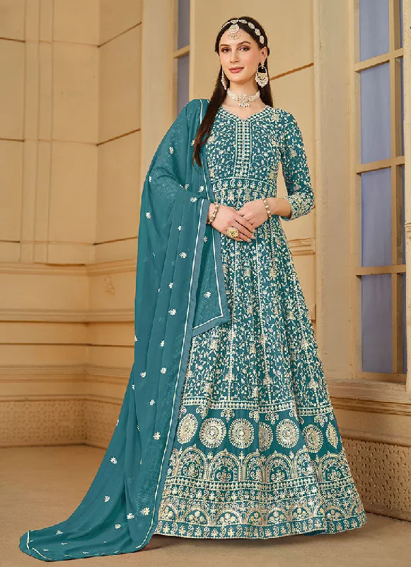 Teal Blue Thread Embroidery Georgette Anarkali Suit