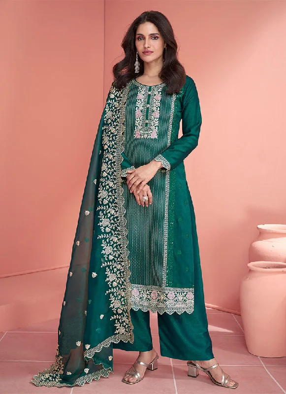 Turquoise Embroidery Silk Palazzo Suit