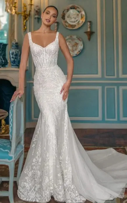 V-neck Mermaid Lace Beach Wedding Dress Open Back Chic Elegant Country-716673