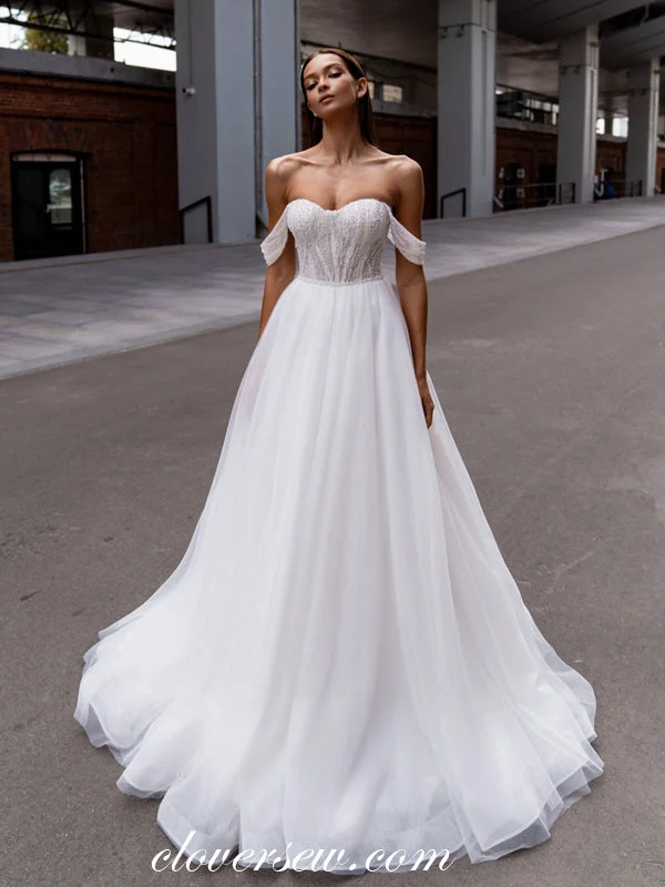 White Pearl Tulle Off The Shoulder A-line Vintage Wedding Dresses, CW0354