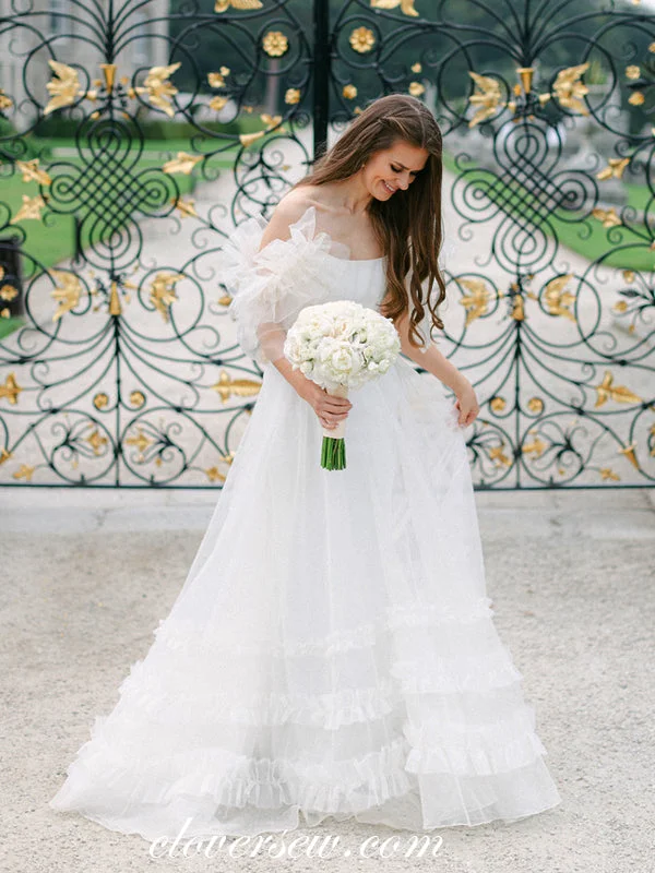 White Tulle Off The Shoulder Ruffles A-line Wedding Dresses, CW0318